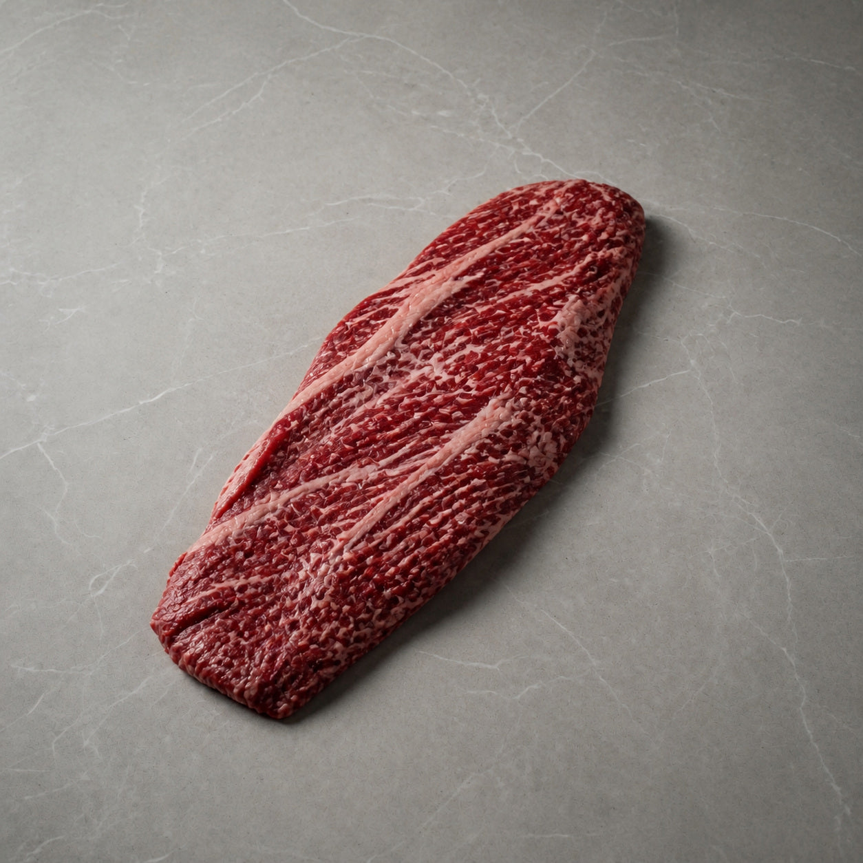 Black Origin Wagyu bavette on gray marble